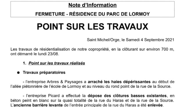 POINT SUR LES TRAVAUX – septembre 2021