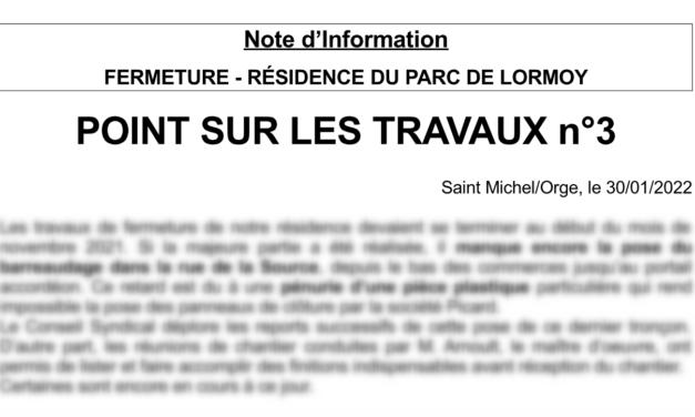 RESIDENTS : POINT SUR LES TRAVAUX – JANVIER 2022