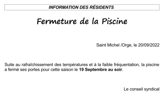 Fermeture de la piscine