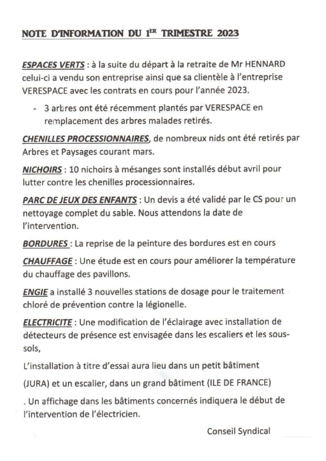 Note infos résidents – 1er trimestre 2023