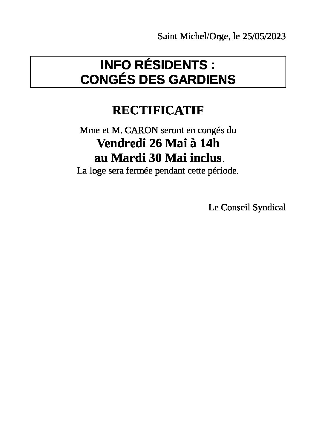 RECTIFICATIF – Congés Gardiens Pentecôte 2023