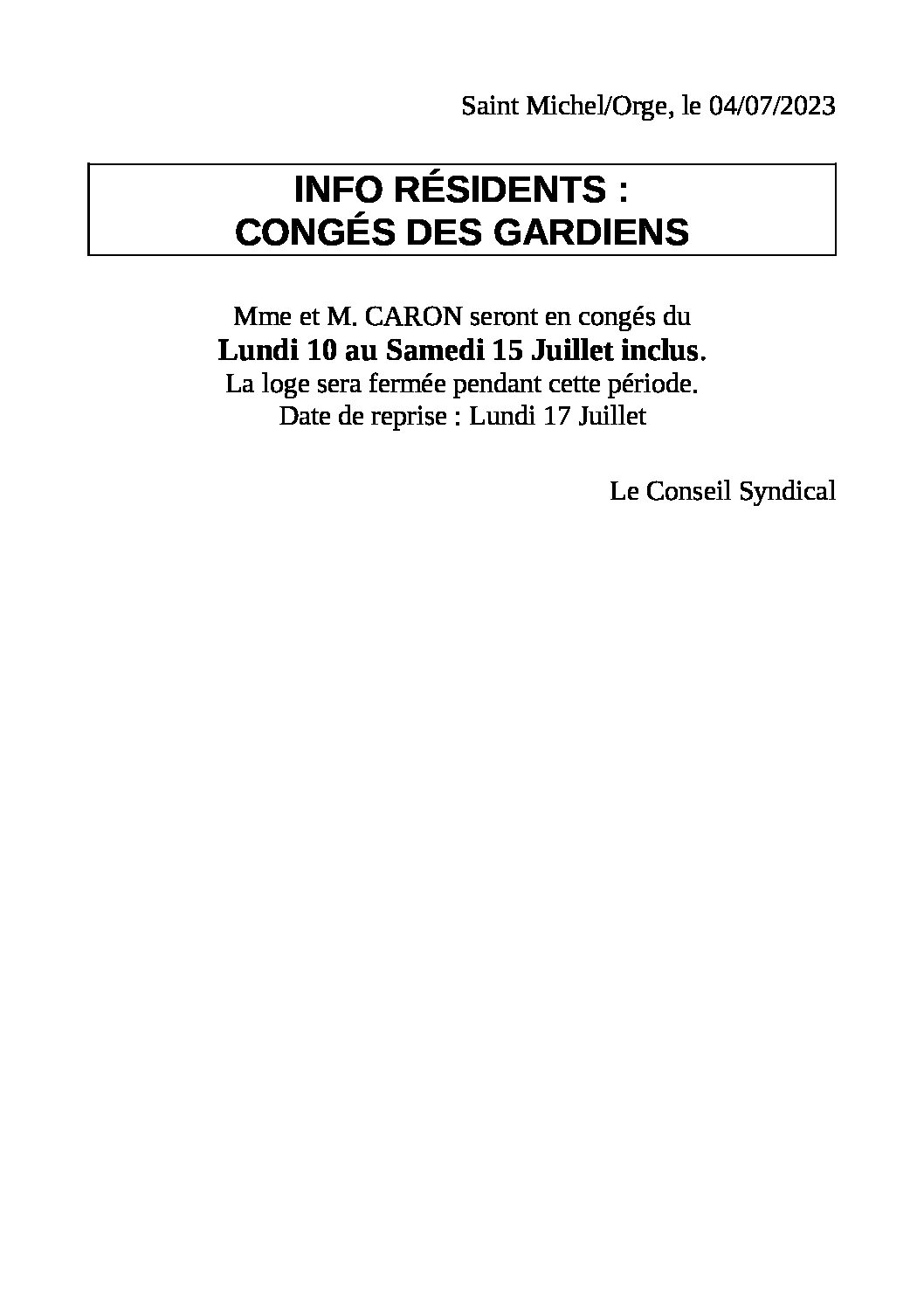 Congés Gardiens – Juillet 2023