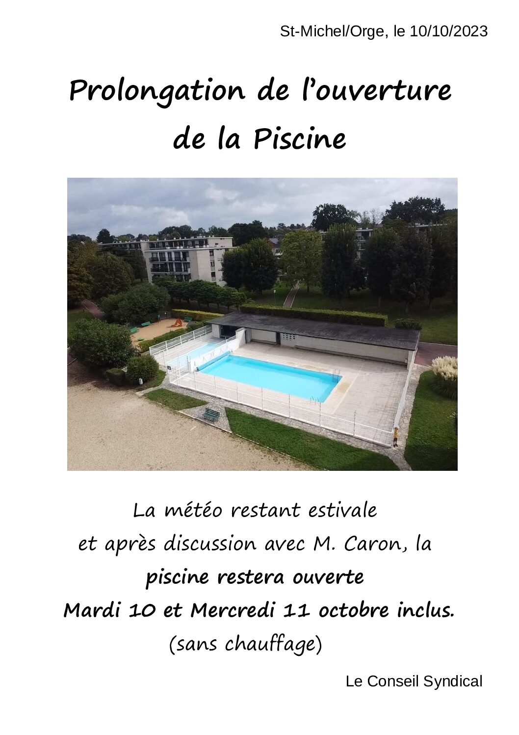 Prolongation de l’ouverture de la piscine