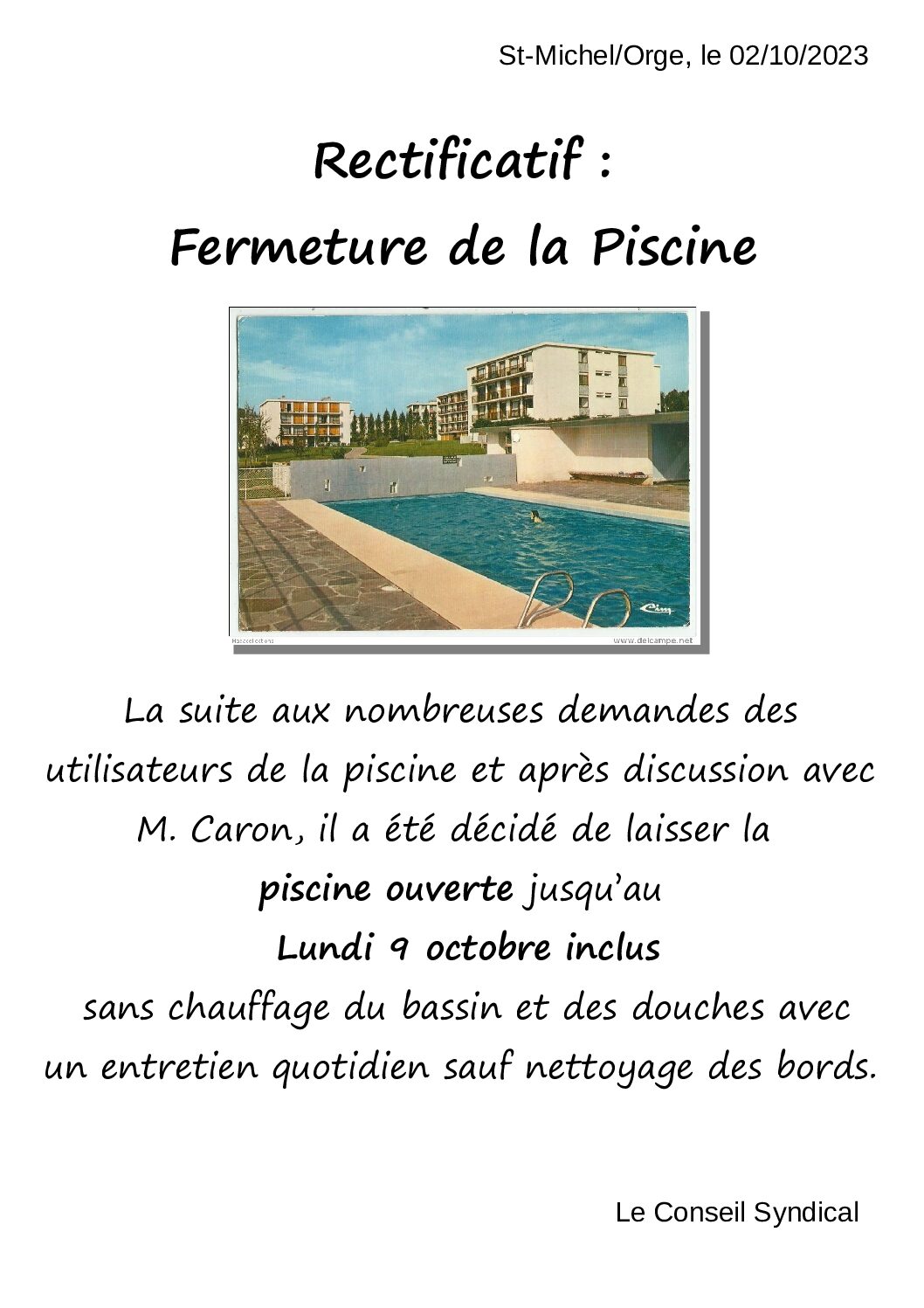 Fermeture de la piscine 2023 – rectificatif